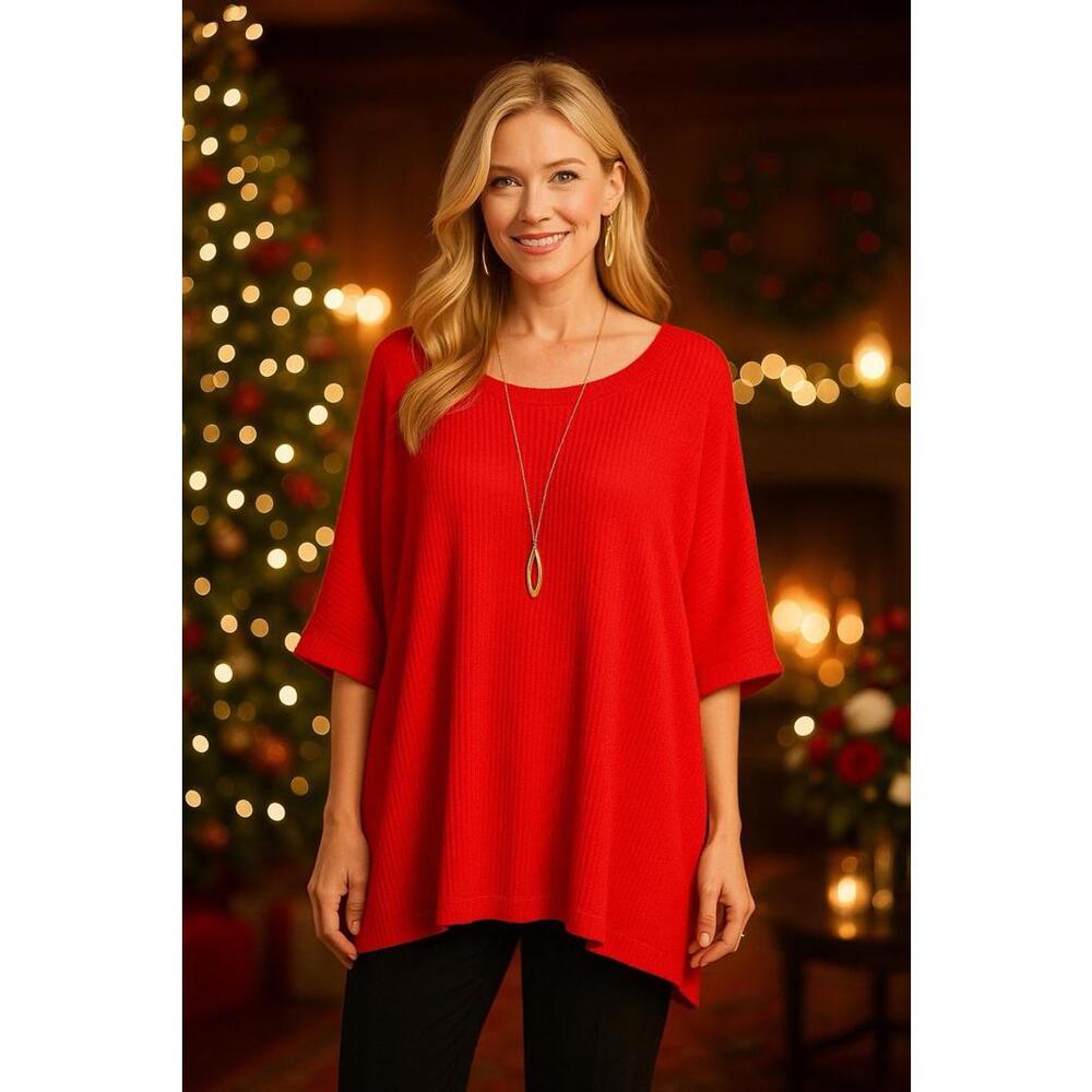 Andree Red Waffle Knit Top 2X/3X Oversized Tunic Holiday Party Casual Dressy A14
